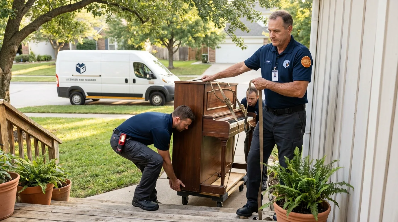 Licensed piano movers securing grand piano in Church Point, LA