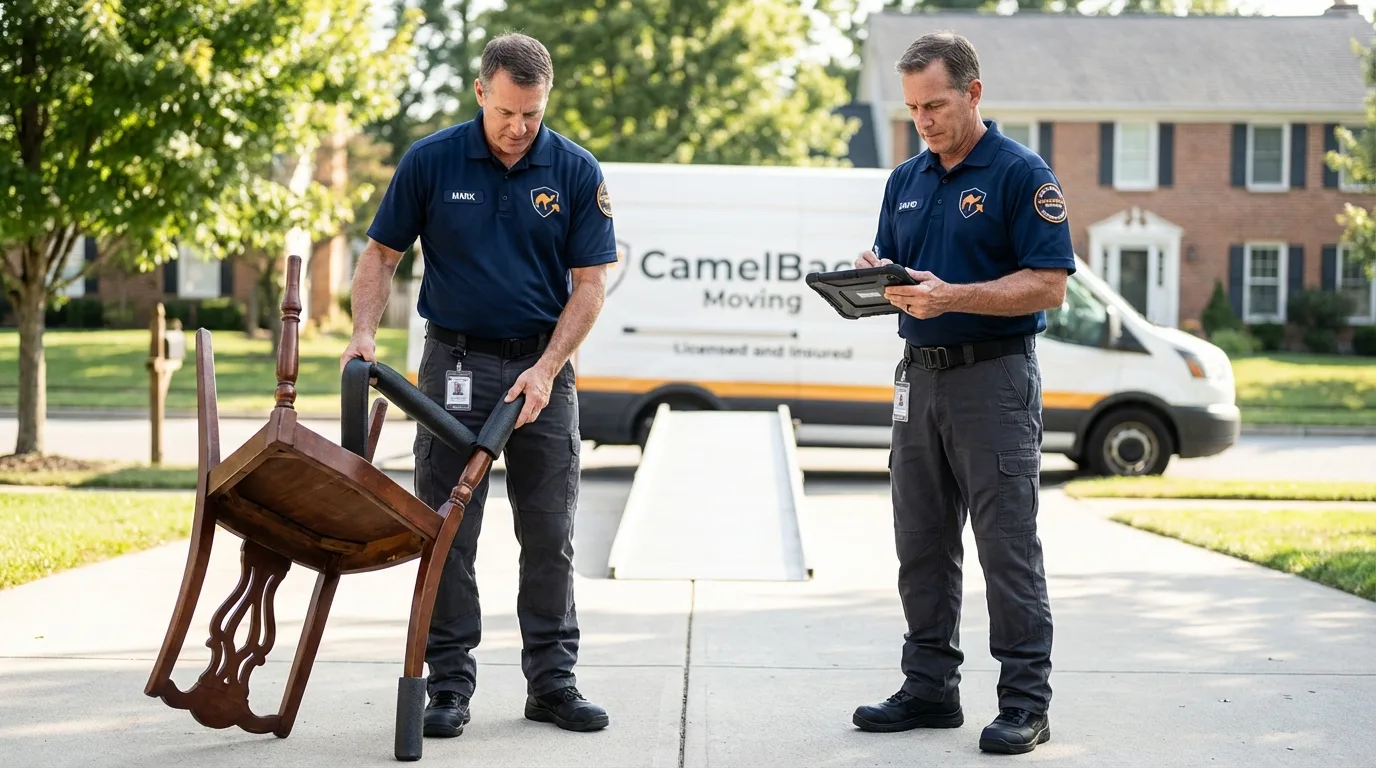 Movers inspecting furniture for damage prevention before loading in Church Point, LA